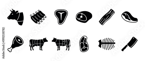 Meat cuts butchery food icons set featuring various beef, pork, and poultry products with related tools and animal diagrams for culinary concepts.