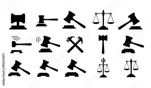 Gavel icon set vector with judge hammer and law symbols for court and auction apps isolated on white background