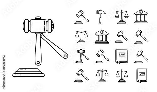 Gavel outline icon set vector with judge hammer and legal symbols for court and justice design isolated on white background