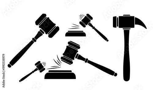 Gavel silhouette icon collection with judge hammer and law symbols for legal and auction design isolated on white background