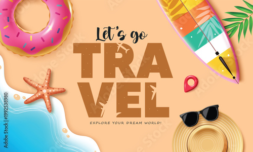 Let's Go Travel Vector Banner with Surfboard, Pink Donut Float, Starfish and Summer Hat Beach Design