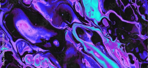 Vibrant purple and blue liquid swirls create an abstract artwork on a black background.