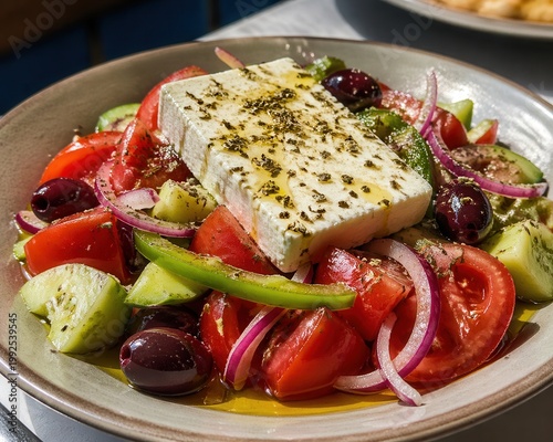 Choriatiki Bauernsalat freigestellt mit Feta und Oliven
Choriatiki Bauernsalat mit Feta, Gurke, Tomaten, Paprika, Oliven und roten Zwiebeln sauber freigestellt auf Weiß.