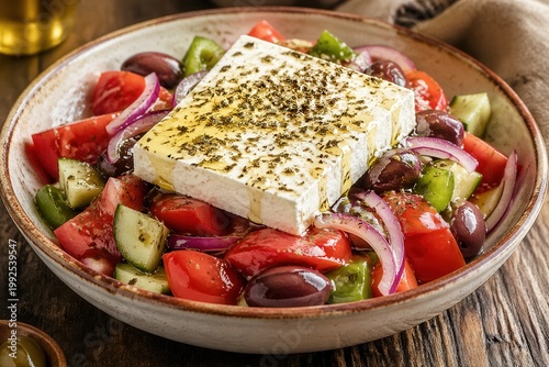 Choriatiki Bauernsalat mit Feta und Oliven
Choriatiki Bauernsalat mit Feta, Tomaten, Gurke, Paprika, roten Zwiebeln und Oliven auf rustikalem Holztisch.