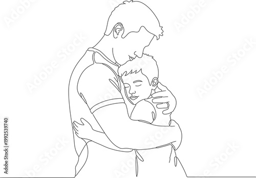 Single line drawing of father hugging son showing love and care between parent and child minimalist outline style for fathers day or family concepts.