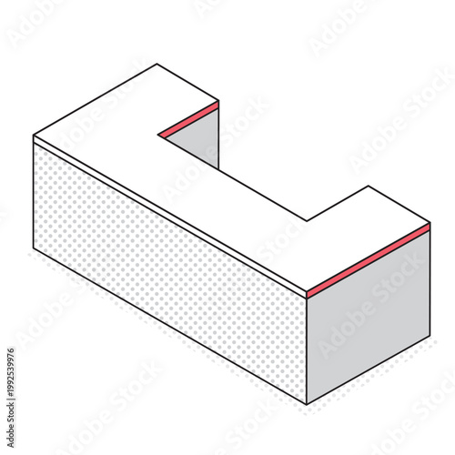 コの字型カウンターのアイソメトリック線画イラスト（スタッフなし・レッド）