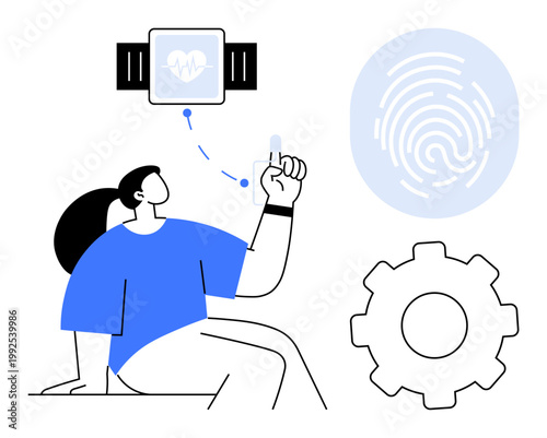 Healthcare innovation, biometric verification, wearable devices, data security, user interface, modern fitness. Woman interacting with smartwatch, fingerprint gear. Healthcare innovation