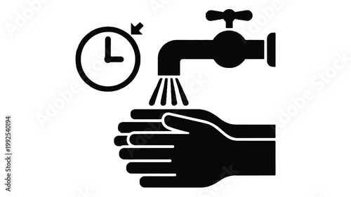 A black silhouette illustration of a hand under a faucet with a clock