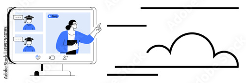 Online education, digital classrooms, cloud storage, e-learning, virtual collaboration, remote teaching. Computer monitor with students and teacher. Online education and cloud storage techniques