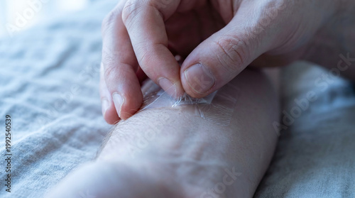 Invisible illness and chronic pain relief patch application on textured skin