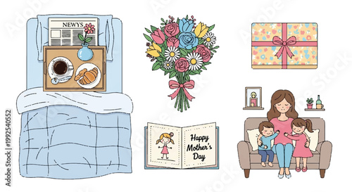Mother's day celebration with flowers breakfast in bed gifts family on sofa wrapping paper celebration greeting card appreciation special occasio