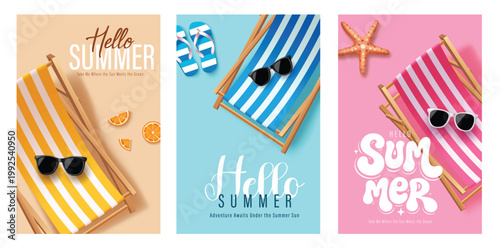 Hello Summer Vector Banner Set with Deck Chairs, Sunglasses, Flip Flops, Starfish and Orange Slice