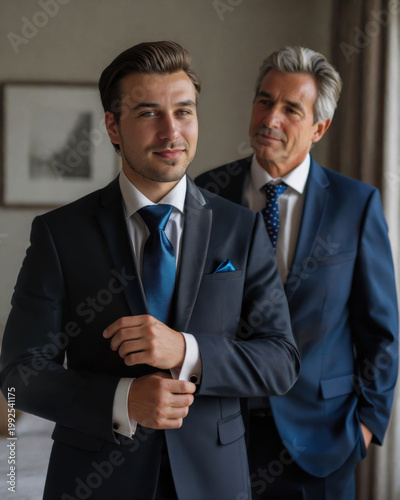 Father standing behind groom watching with pride before wedding. Calm emotional moment with soft natural light. Reflection and elegant setting highlight connection, growth and transition.