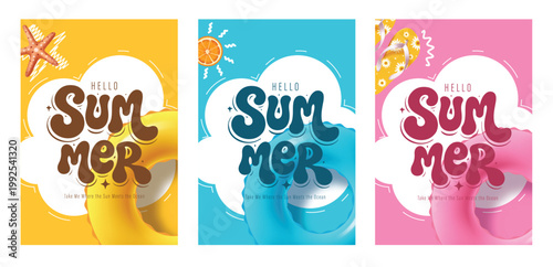 Hello Summer Vector Poster Set with Inflatable Swim Rings, Starfish, Orange, and Flip Flops Design