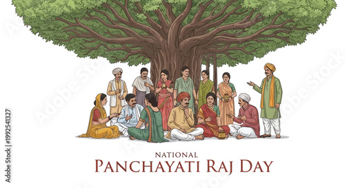 On National Panchayati Raj Day, an illustration depicts a diverse Indian village council gathered beneath a large banyan tree, symbolizing rural governance and community decision-making