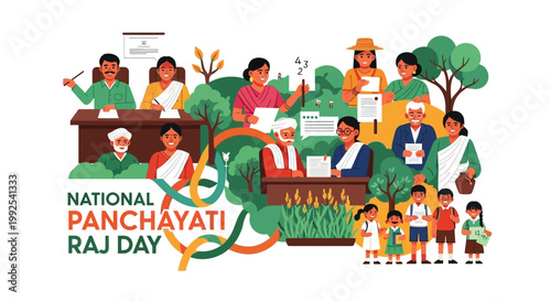 Colorful vector illustration depicting a village council meeting for National Panchayati Raj Day in India, showcasing diverse community members in a bright and cheerful style
