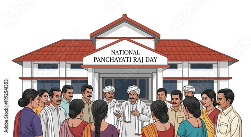 A vector illustration depicting National Panchayati Raj Day with community members gathered in front of a village council building, rendered in a flat style with a focus on rural governance