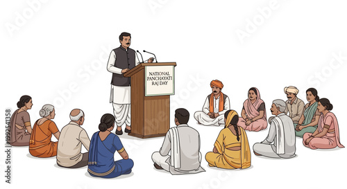 Illustrative vector art shows a leader addressing a diverse village council during a panchayat meeting, symbolizing rural empowerment and local governance in India with a clean, minimalist