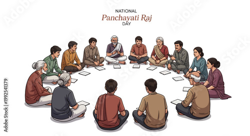 Illustration depicting an Indian village council gathered in a circle for a Panchayat meeting on rural development, emphasizing local governance and community decision-making on a clean