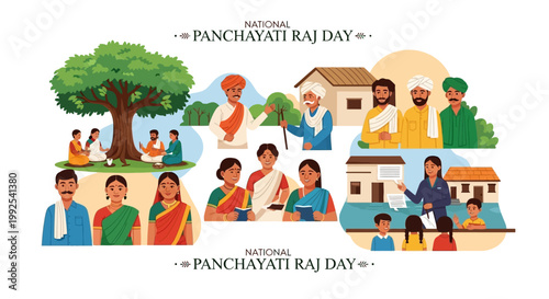 A vibrant vector illustration commemorates National Panchayati Raj Day, featuring diverse Indian villagers engaging in local governance, set against a clean white background with a focus