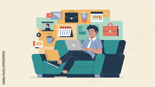 Remote worker, freelancer, businessman on sofa, laptop, productive workspace