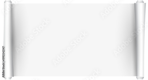 Empty horizontal scroll paper with rolled edges on both sides. Clean parchment style banner for text invitations announcements or vintage designs.