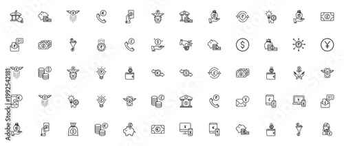 Currency icon set. Finance vector icons pack. Includes symbols for bank, investment, payment, cash, coin, wallet, dollar, yen, pound and more. Editable stroke.