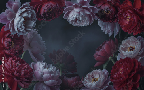 Dark Red Peony Floral Frame with Moody Black Background and Soft Mist