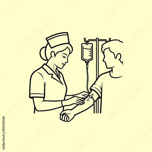 Medical professional administering intravenous therapy to a patient, illustration