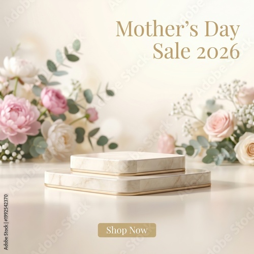 Mothers day sale 2026 with marble product display podiums and floral decorations