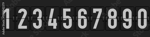 Vintage mechanical flip display showing numbers zero to nine in split flap style. Classic counter or scoreboard design for old clocks departure boards or tally systems. Clean vector.