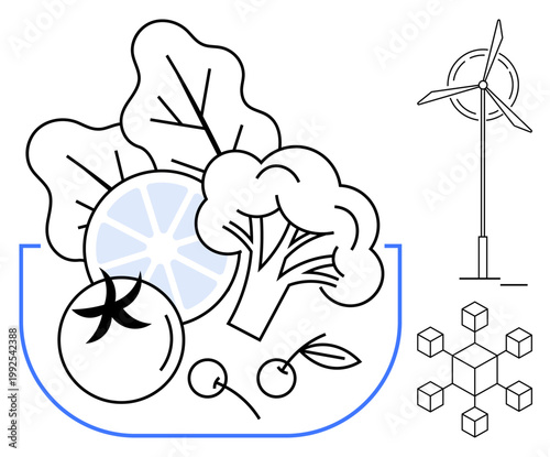 Sustainability, renewable energy, environmental conservation, healthy eating, green technology, clean energy sources. Bowl of vegetables including broccoli and tomato, wind turbine icon, geometric