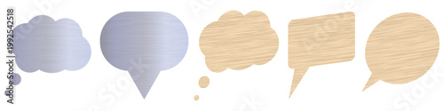 Set of five vector speech and thought metal and wood texture bubbles. Includes thought clouds rounded bubbles rectangular box and oval shapes.