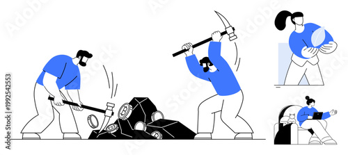 Mining, energy production, teamwork, manual labor, resource handling, industry. Workers using tools to mine and process resources. Mining and energy production tasks illustrated in bold movement