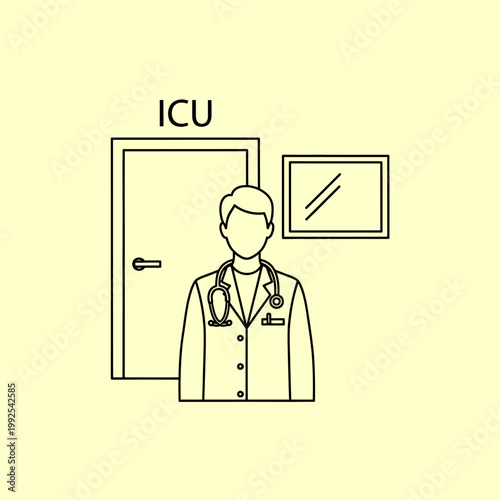 Medical staff in uniform with stethoscope in front of a closed door, representing intensive care unit