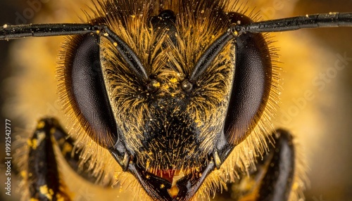 Extreme close-up of a honeybees face showcasing intricate details and textures.