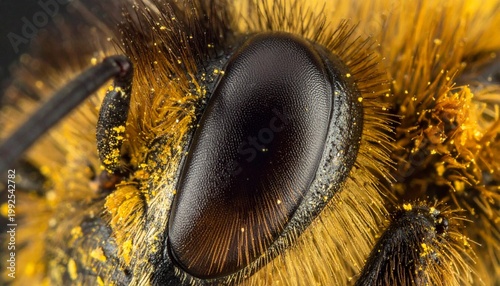 Extreme close-up of a bees eye covered in pollen.