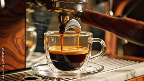 Rich andromatic espresso being brewed and poured into a clear glass cup