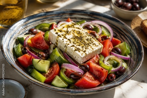 Choriatiki Bauernsalat mit Feta in Keramikschüssel
Choriatiki Bauernsalat mit Feta, Tomaten, Gurke, Paprika, roten Zwiebeln und Oliven in stimmungsvoller Foodfotografie.