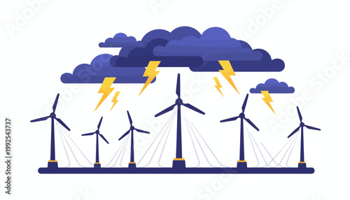 Wind farm powering through a stormy weather with lightning strikes and dark clouds, sustainable energy concept