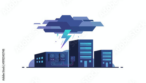 Stormy weather over a data center with servers and lightning strikes, symbolizing cloud computing disruption and potential outages