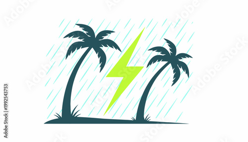 Vibrant illustration of a tropical storm featuring tall palm trees swaying under a dramatic sky with a bright lightning strike and falling rain, perfect for weather-related designs