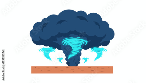 A dark, ominous tornado storm cloud with swirling wind and smaller vortexes rising from the ground, symbolizing powerful natural forces and extreme weather events