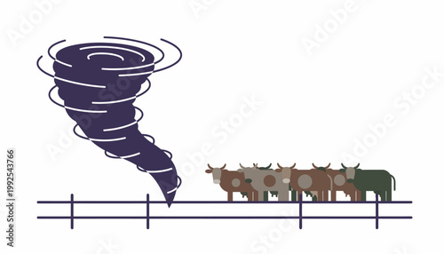 Illustrative depiction of a swirling tornado approaching a line of cattle behind a wooden fence, portraying the impact of severe weather on farm animals and agriculture