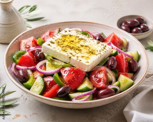 Choriatiki Bauernsalat mit Feta und frischen Oliven
Choriatiki Bauernsalat mit Feta, Tomaten, Gurke, Paprika, roten Zwiebeln und Oliven in appetitlicher Nahaufnahme.