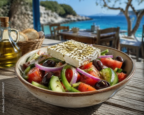 Choriatiki Bauernsalat in mediterraner Atmosphäre am Meer
Choriatiki Bauernsalat mit Feta, Oliven und Gemüse auf rustikalem Tisch direkt am Meer serviert.
