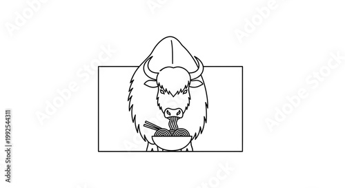 Funny Yak Eating Noodles with Chopsticks in a Bowl