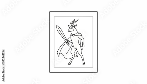 Gazelle Warrior with Sword and Cape, Fantasy Animal Character, Line Art