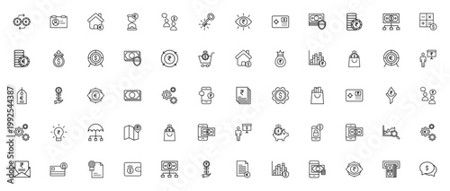 Finance icon set. Vector icons pack for exchange, mortgage, payments, analytics, banking, and more. Minimal line symbols for finance apps and presentations.
