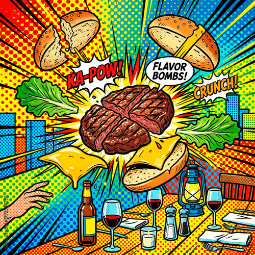 Grilled meat burgers in pop art comic style with explosion effect for restaurant advertising and menu design